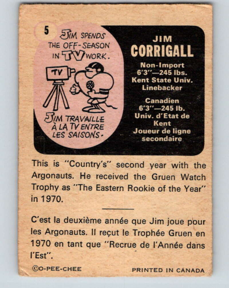 1971 O-Pee-Chee CFL Football #5 Jim Corrigall, Toronto Argonauts V32968