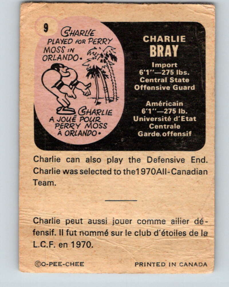 1971 O-Pee-Chee CFL Football #9 Charlie Bray, Toronto Argonauts V32970