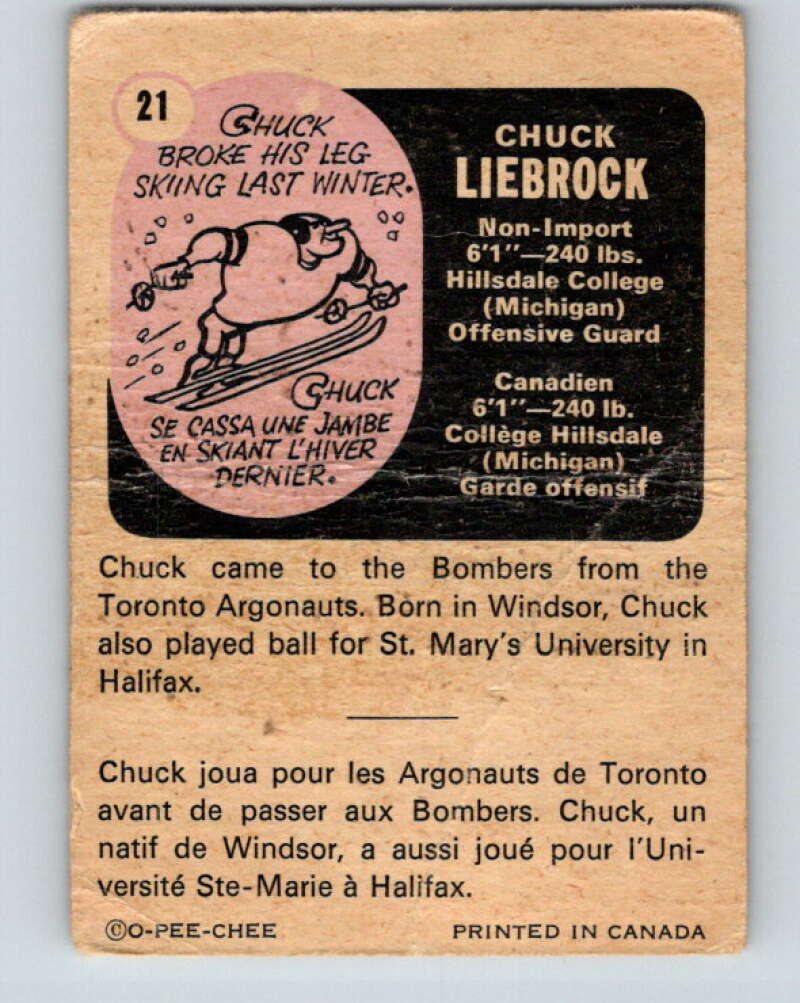 1971 O-Pee-Chee CFL Football #21 Chuck Liebrock, Winnipeg Blue Bombers V32974
