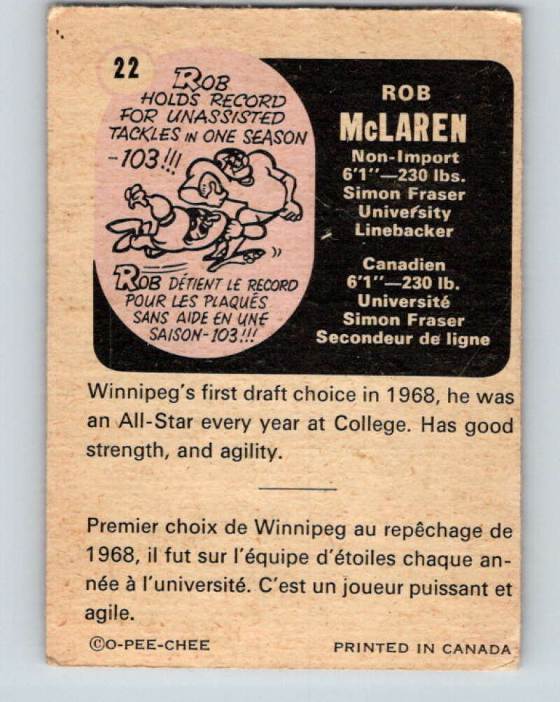 1971 O-Pee-Chee CFL Football #22 Rob McLaren, Winnipeg Blue Bombers V32975