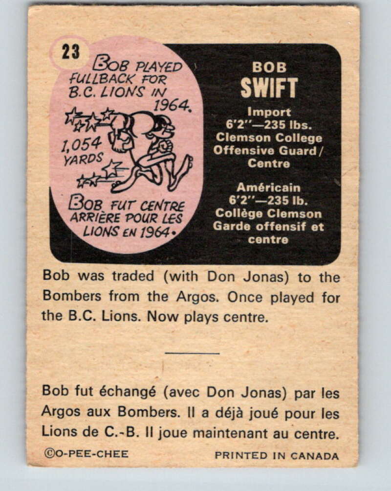 1971 O-Pee-Chee CFL Football #23 Bob Swift, Winnipeg Blue Bombers V32977