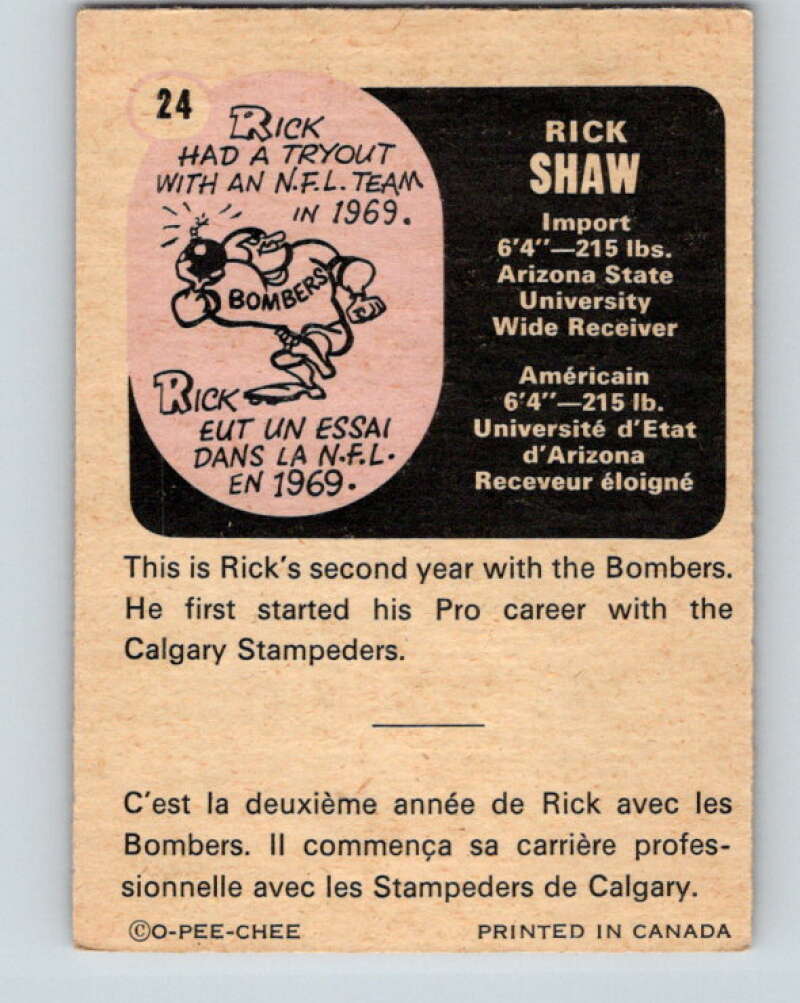 1971 O-Pee-Chee CFL Football #24 Rick Shaw, Winnipeg Blue Bombers V32978