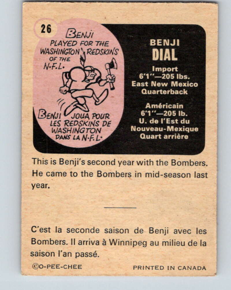 1971 O-Pee-Chee CFL Football #26 Benji Dial, Winnipeg Blue Bombers V32980