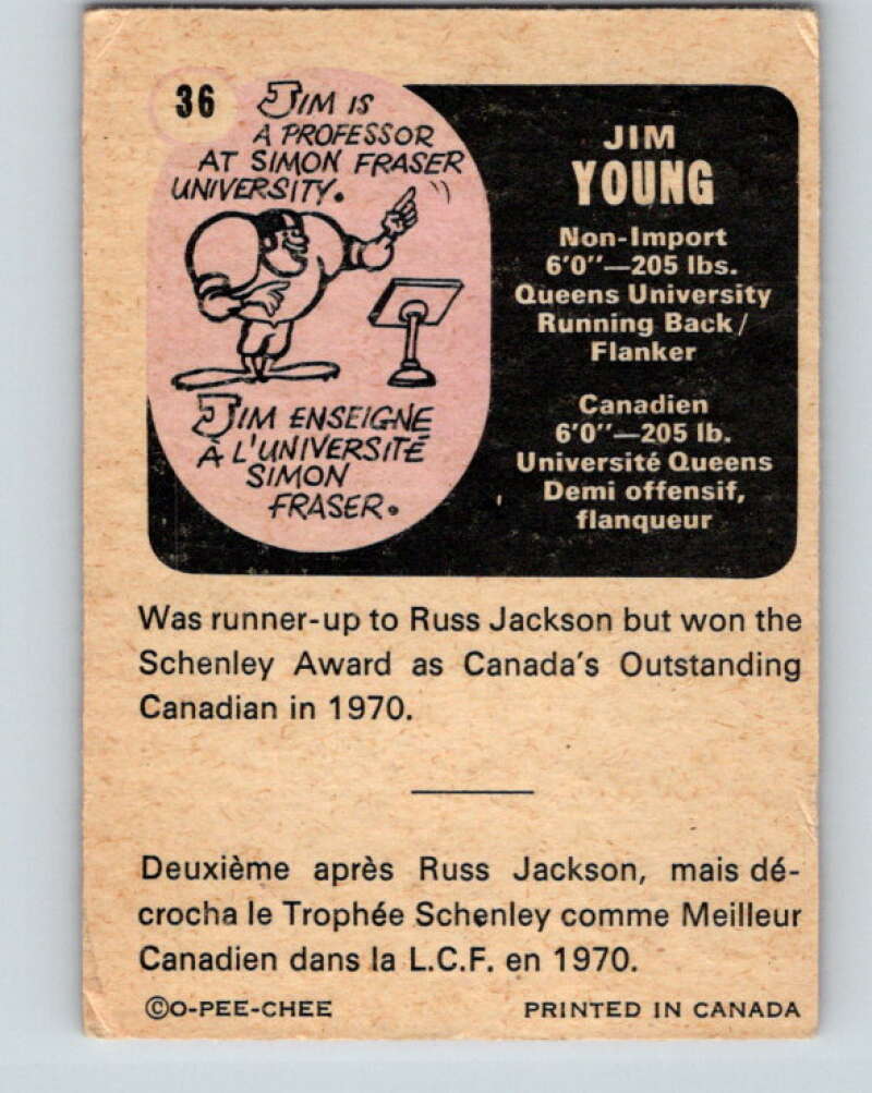 1971 O-Pee-Chee CFL Football #36 Jim Young, British Columbia Lions V32985