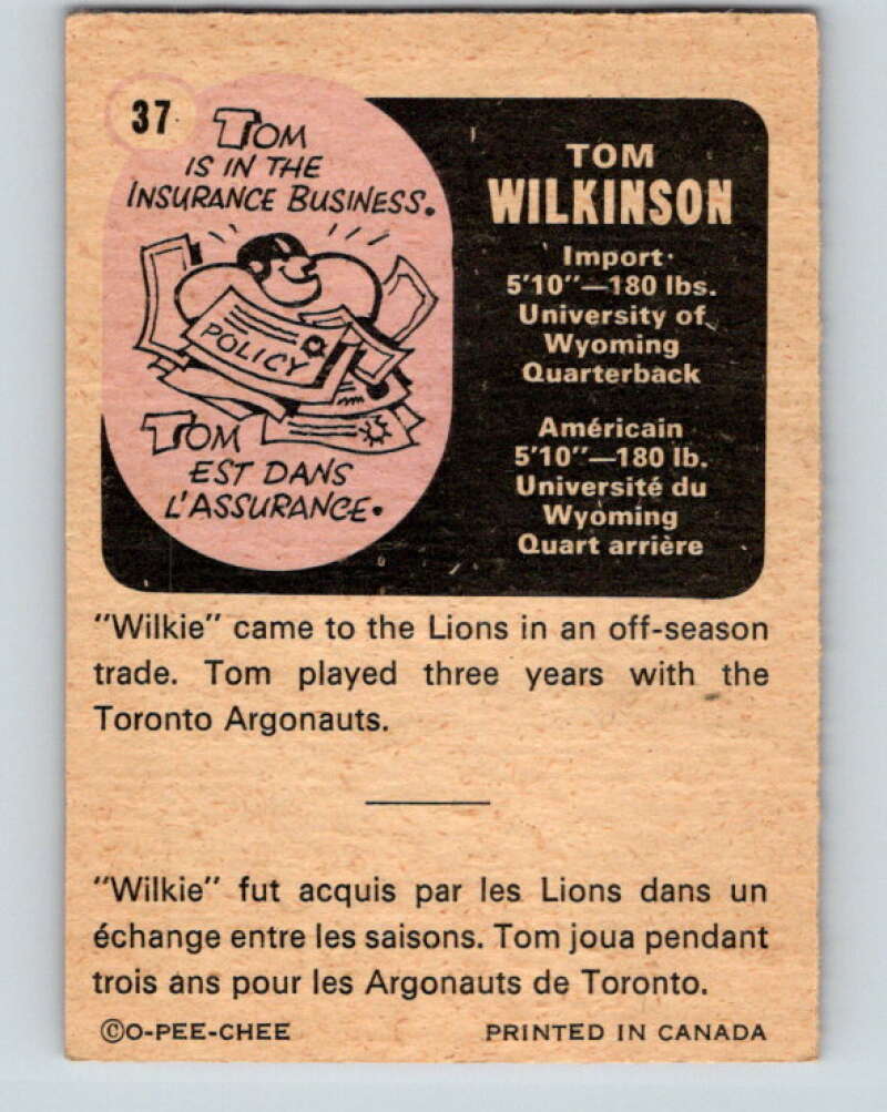 1971 O-Pee-Chee CFL Football #37 Tom Wilkinson, British Columbia Lions V32986
