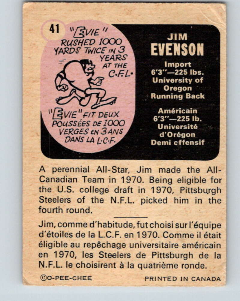 1971 O-Pee-Chee CFL Football #41 Jim Evenson, British Columbia Lions V32987