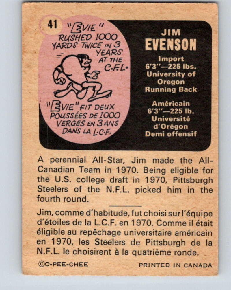1971 O-Pee-Chee CFL Football #41 Jim Evenson, British Columbia Lions V32988
