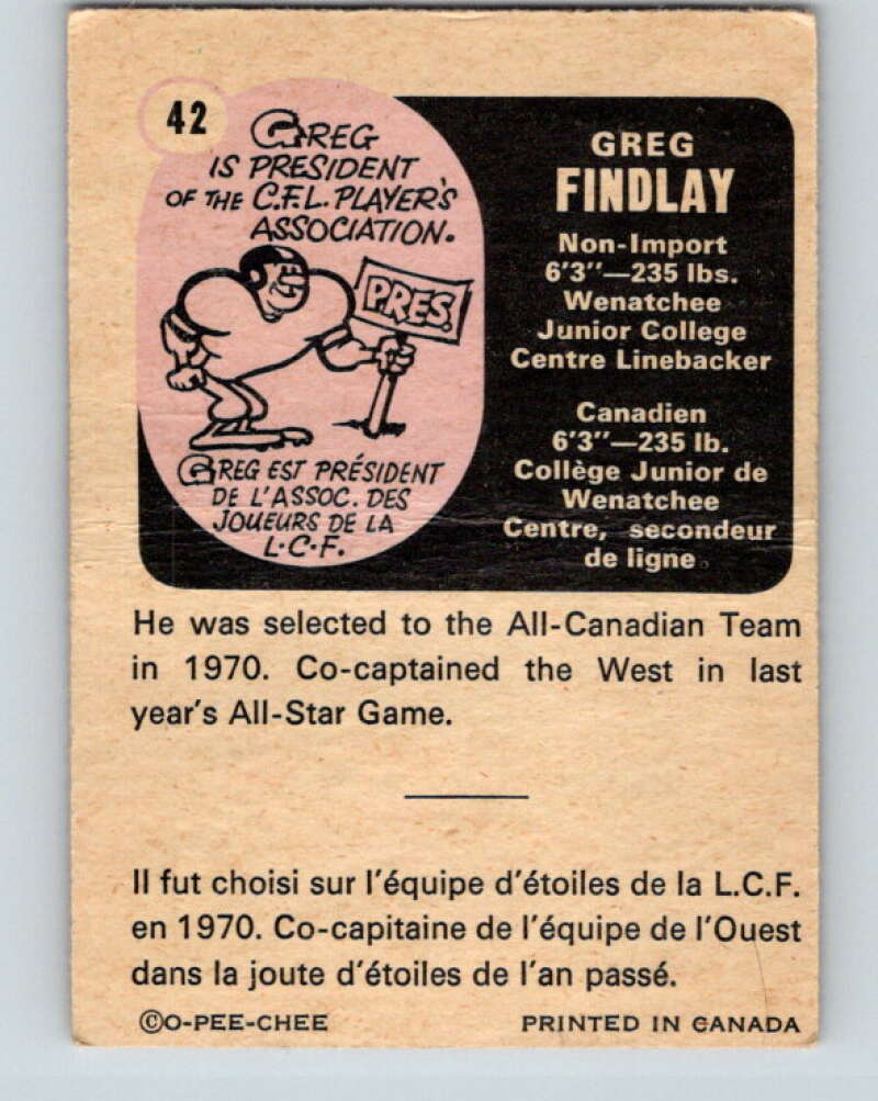 1971 O-Pee-Chee CFL Football #42 Greg Findlay, British Columbia Lions V32990