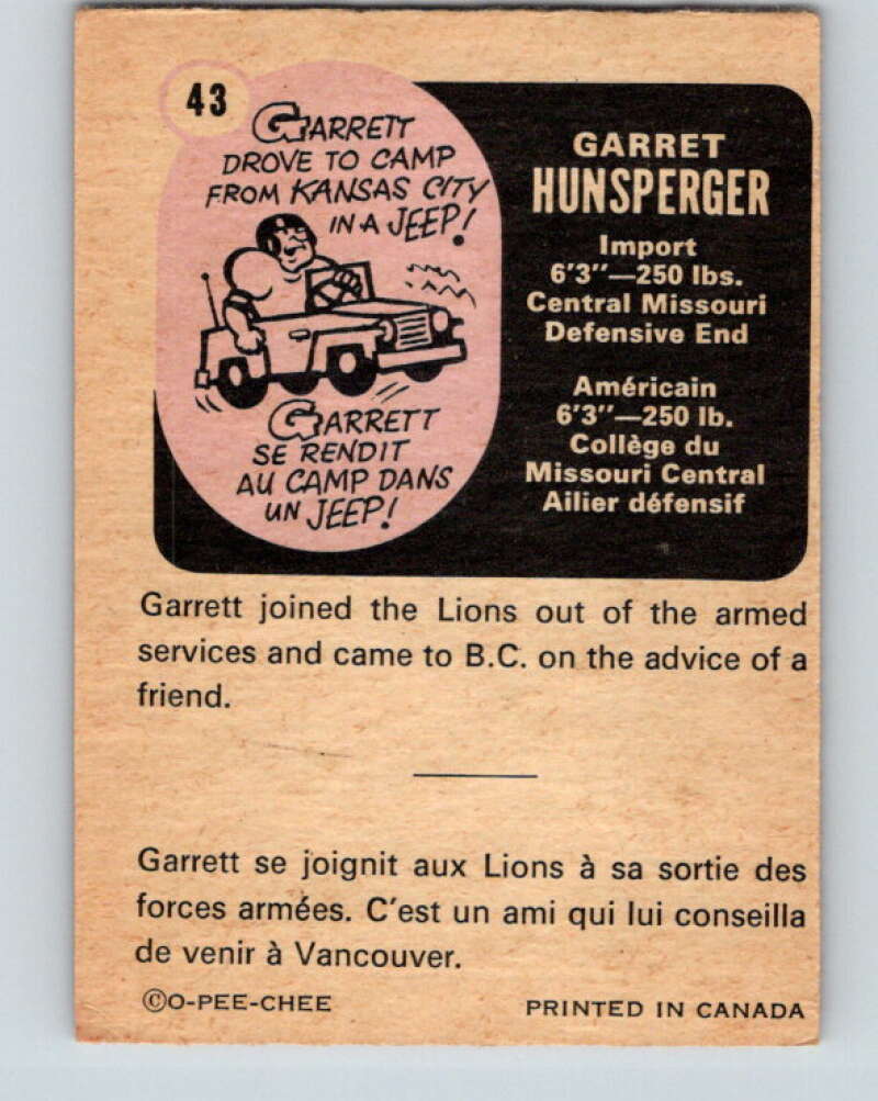 1971 O-Pee-Chee CFL Football #43 Garret Hunspenger, Lions V32991