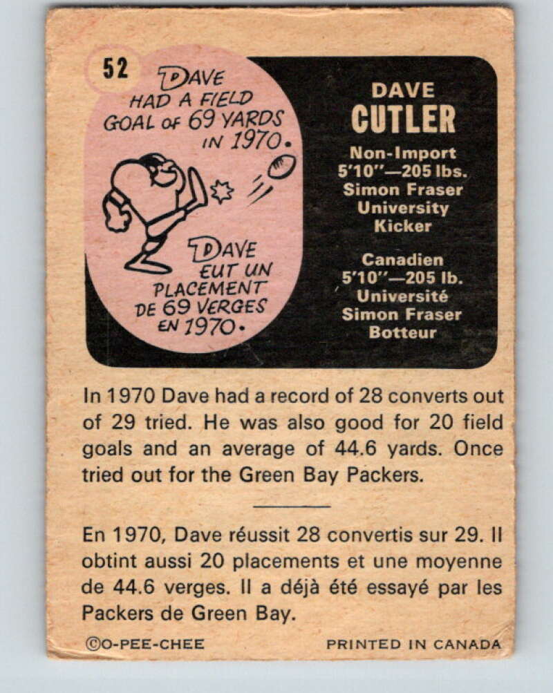 1971 O-Pee-Chee CFL Football #52 Dave Cutler, Edmonton Eskimos V32994