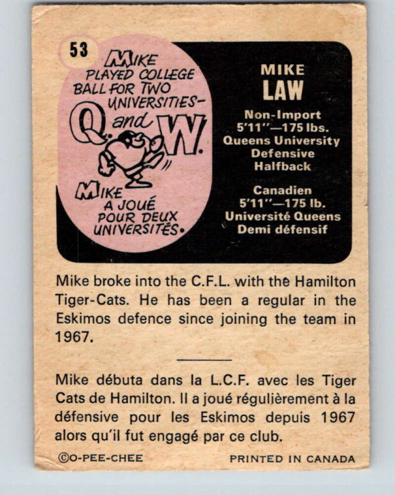 1971 O-Pee-Chee CFL Football #53 Mike Law, Edmonton Eskimos V32995