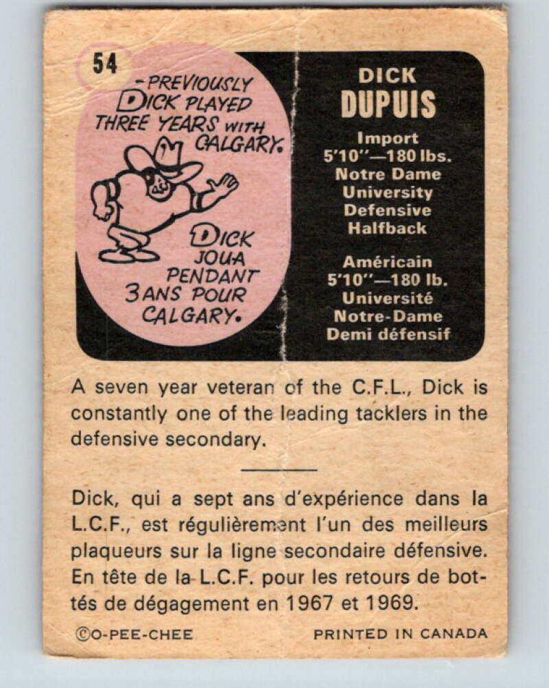 1971 O-Pee-Chee CFL Football #54 Dick Dupuis, Edmonton Eskimos V32996