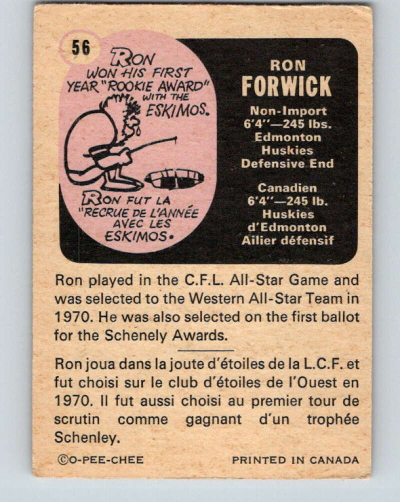 1971 O-Pee-Chee CFL Football #56 Ron Forwick, Edmonton Eskimos V32997