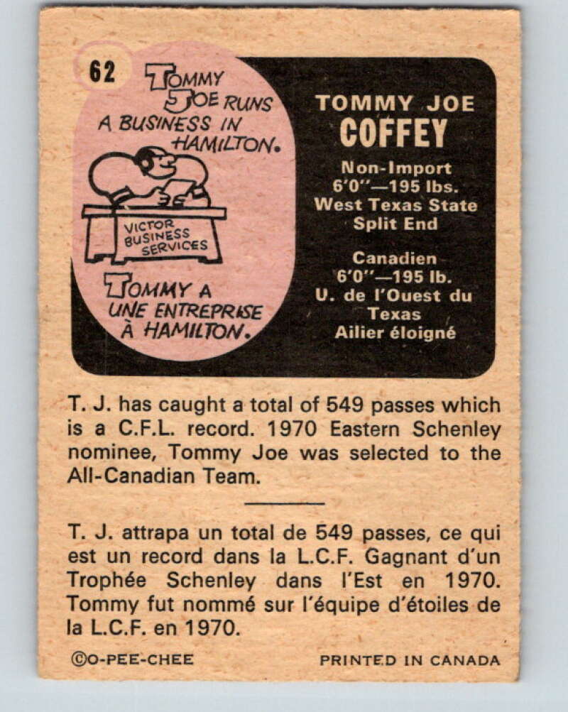 1971 O-Pee-Chee CFL Football #62 Tommy Joe Coffey, Hamilton Tiger Cats V32998