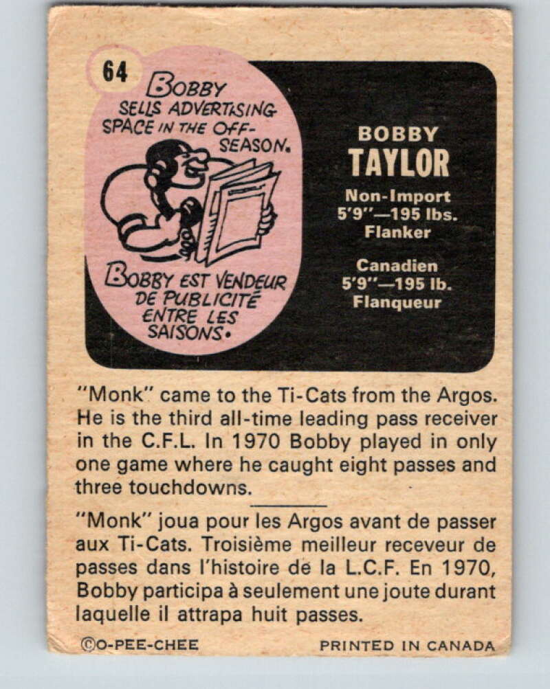 1971 O-Pee-Chee CFL Football #64 Bobby Taylor, Hamilton Tiger Cats V32999