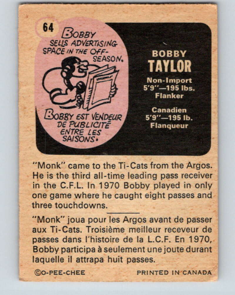 1971 O-Pee-Chee CFL Football #64 Bobby Taylor, Hamilton Tiger Cats V33001