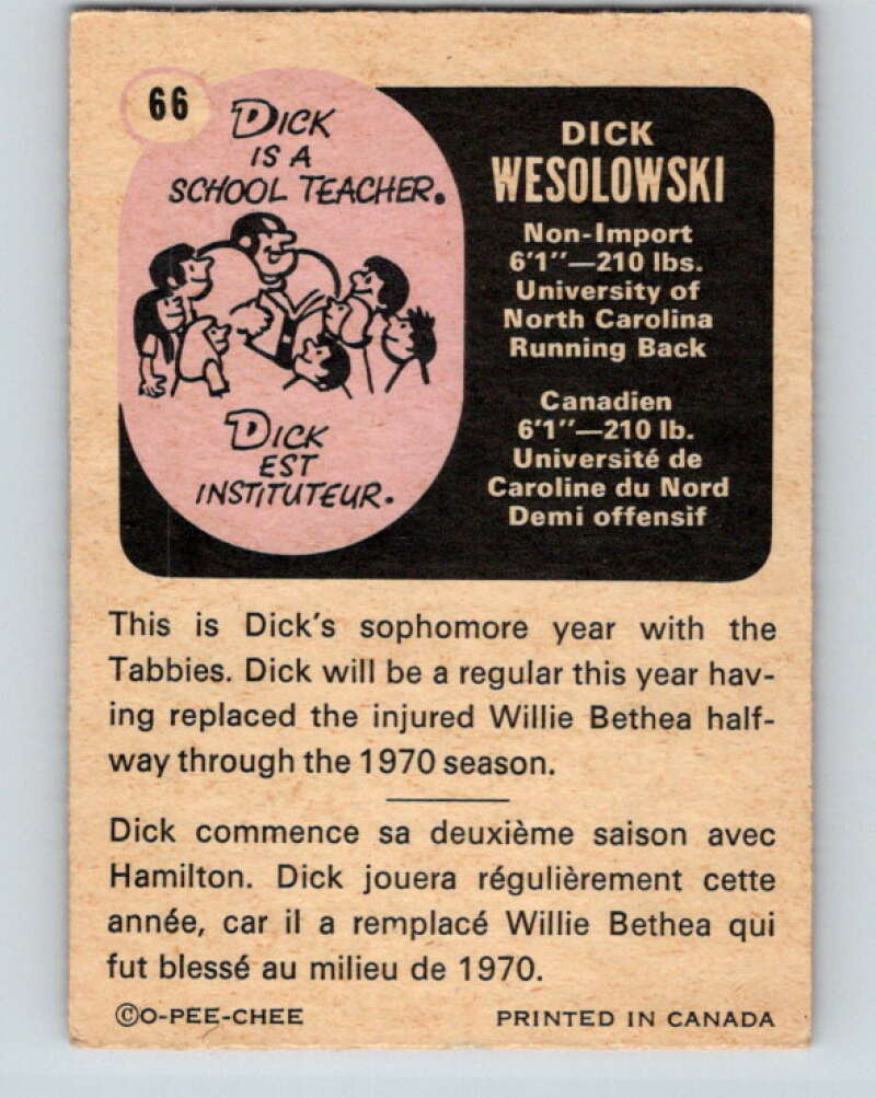 1971 O-Pee-Chee CFL Football #66 Dick Wesolowski, Hamilton Tiger Cats V33003