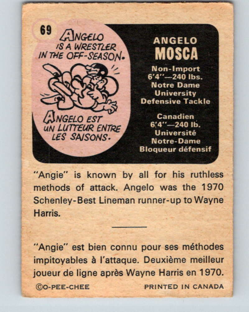 1971 O-Pee-Chee CFL Football #69 Angelo Mosca, Hamilton Tiger Cats V33007