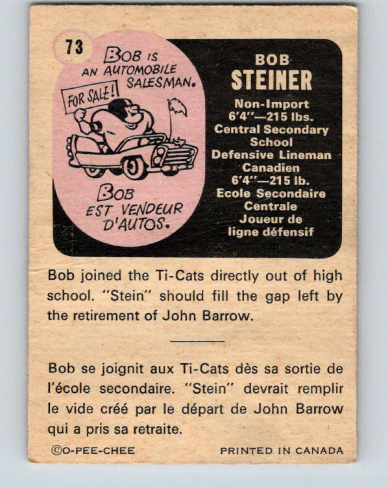 1971 O-Pee-Chee CFL Football #73 Bob Steiner, Hamilton Tiger Cats V33009