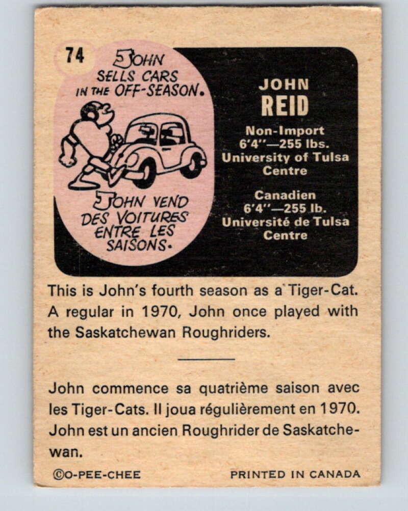 1971 O-Pee-Chee CFL Football #74 John Reid, Hamilton Tiger Cats V33010