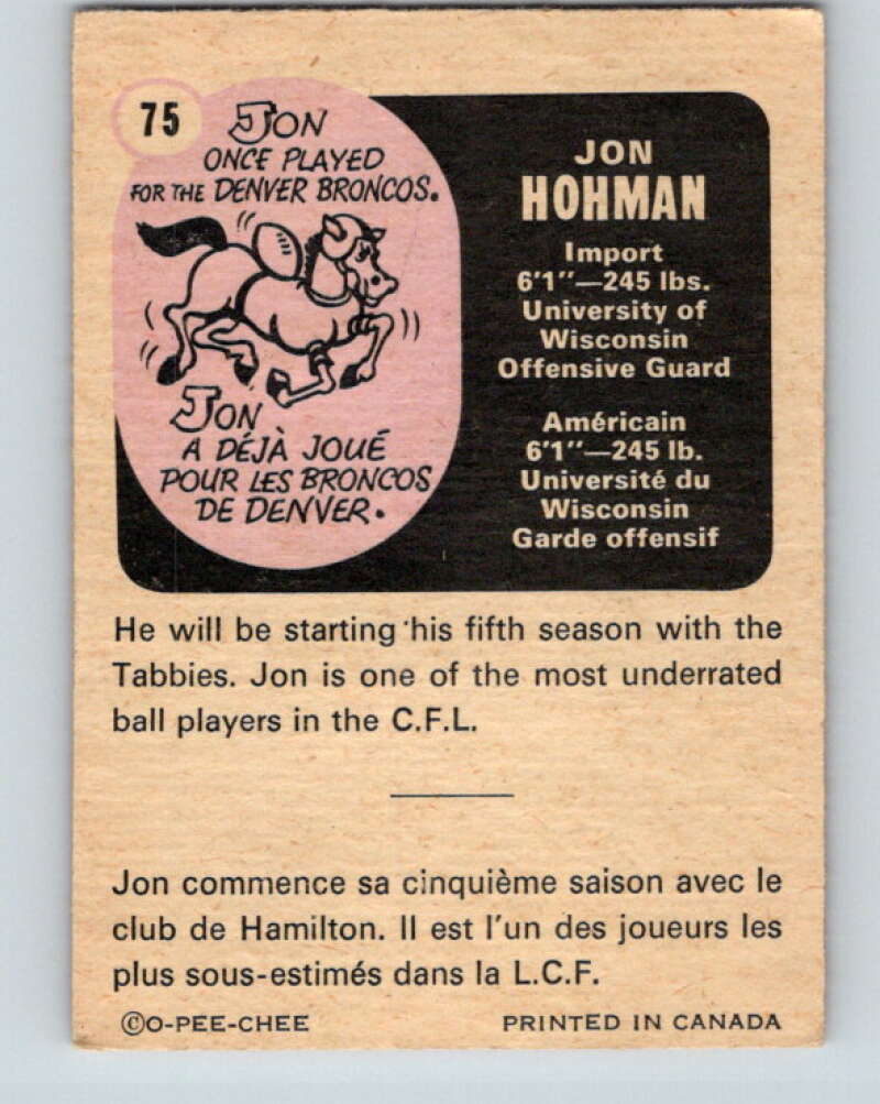 1971 O-Pee-Chee CFL Football #75 Jon Hohman, Hamilton Tiger Cats V33011