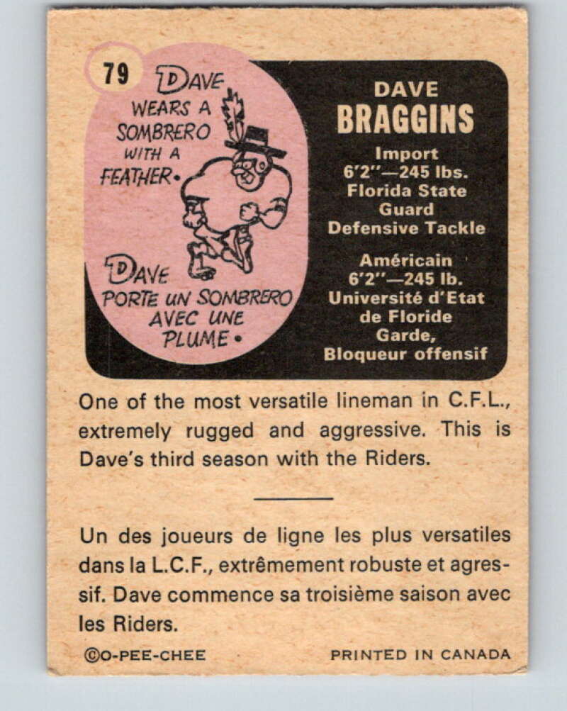 1971 O-Pee-Chee CFL Football #79 Dave Braggins, Ottawa Rough Riders V33015
