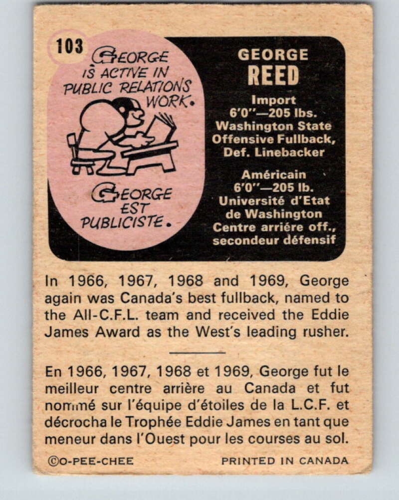 1971 O-Pee-Chee CFL Football #103 George Reed, Sask. Roughriders V33023