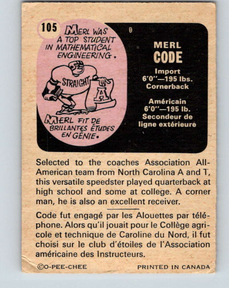 1971 O-Pee-Chee CFL Football #105 Merl Code, Montreal Alouettes V33025
