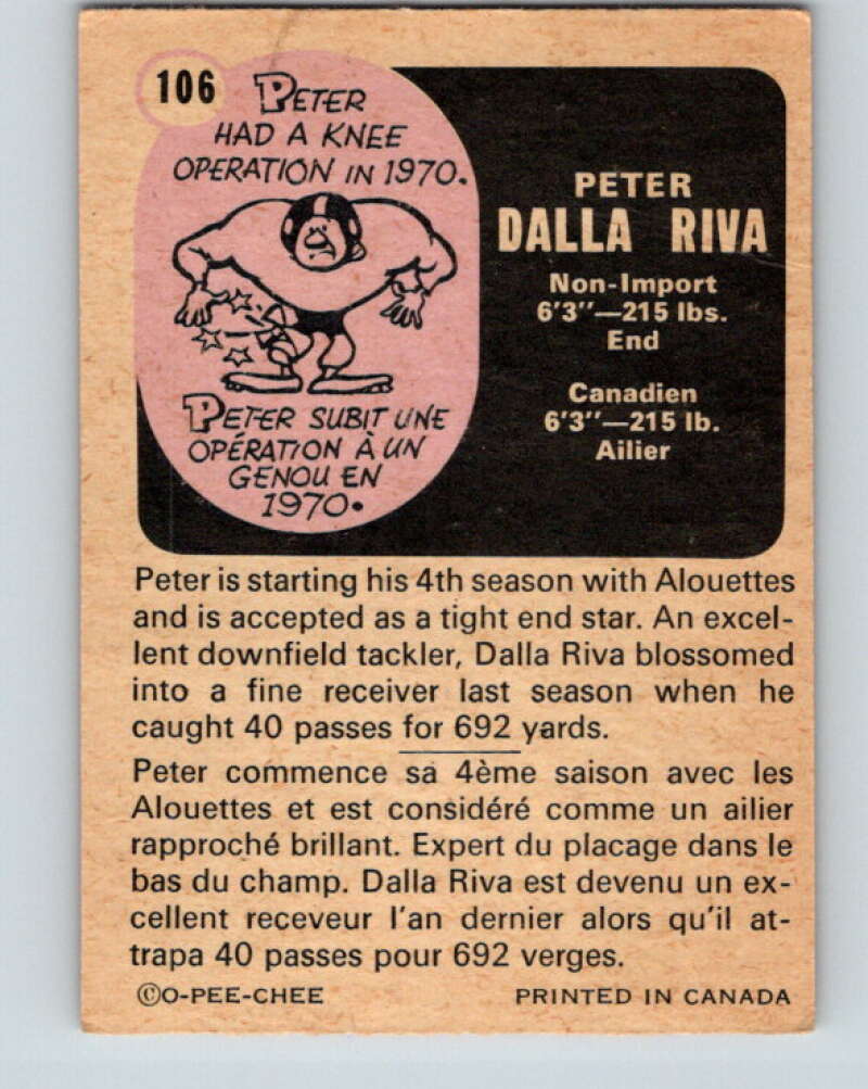 1971 O-Pee-Chee CFL Football #106 Peter Dalla Riva, Montreal Alouettes V33026