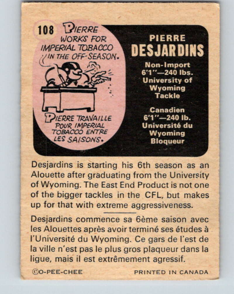 1971 O-Pee-Chee CFL Football #108 Pierre Desjardins, Montreal Alouettes V33029