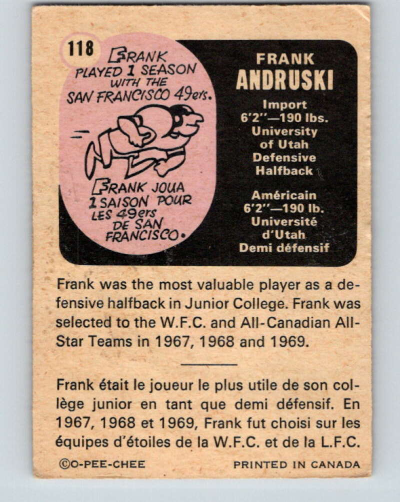1971 O-Pee-Chee CFL Football #118 Frank Andruski, Calgary Stampeders V33032