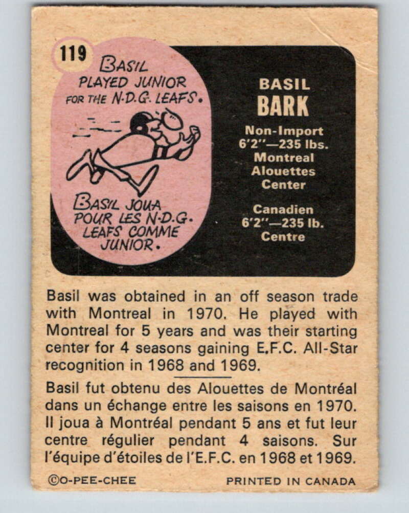 1971 O-Pee-Chee CFL Football #119 Basil Bark, Calgary Stampeders V33033