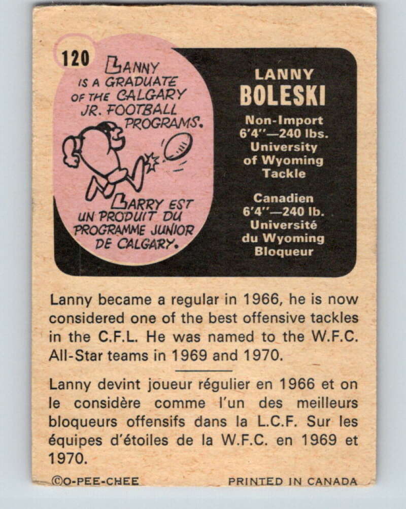 1971 O-Pee-Chee CFL Football #120 Lanny Boleski, Calgary Stampeders V33034
