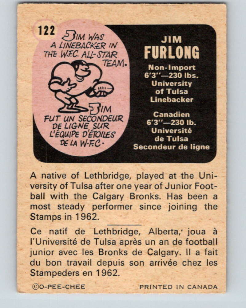 1971 O-Pee-Chee CFL Football #122 Jim Furlong, Calgary Stampeders V33036