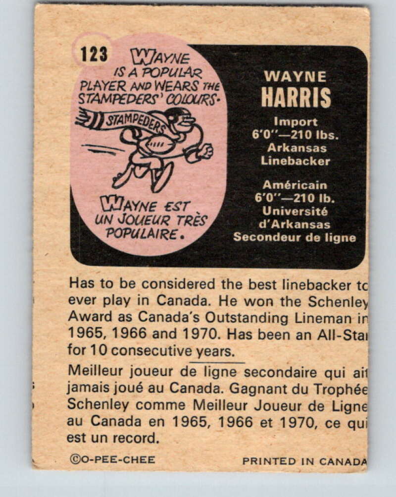 1971 O-Pee-Chee CFL Football #123 Wayne Harris, Calgary Stampeders V33037