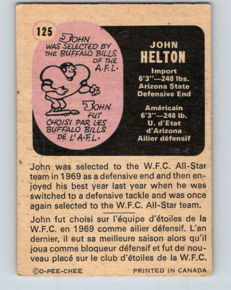 1971 O-Pee-Chee CFL Football #125 John Helton, Calgary Stampeders V33038