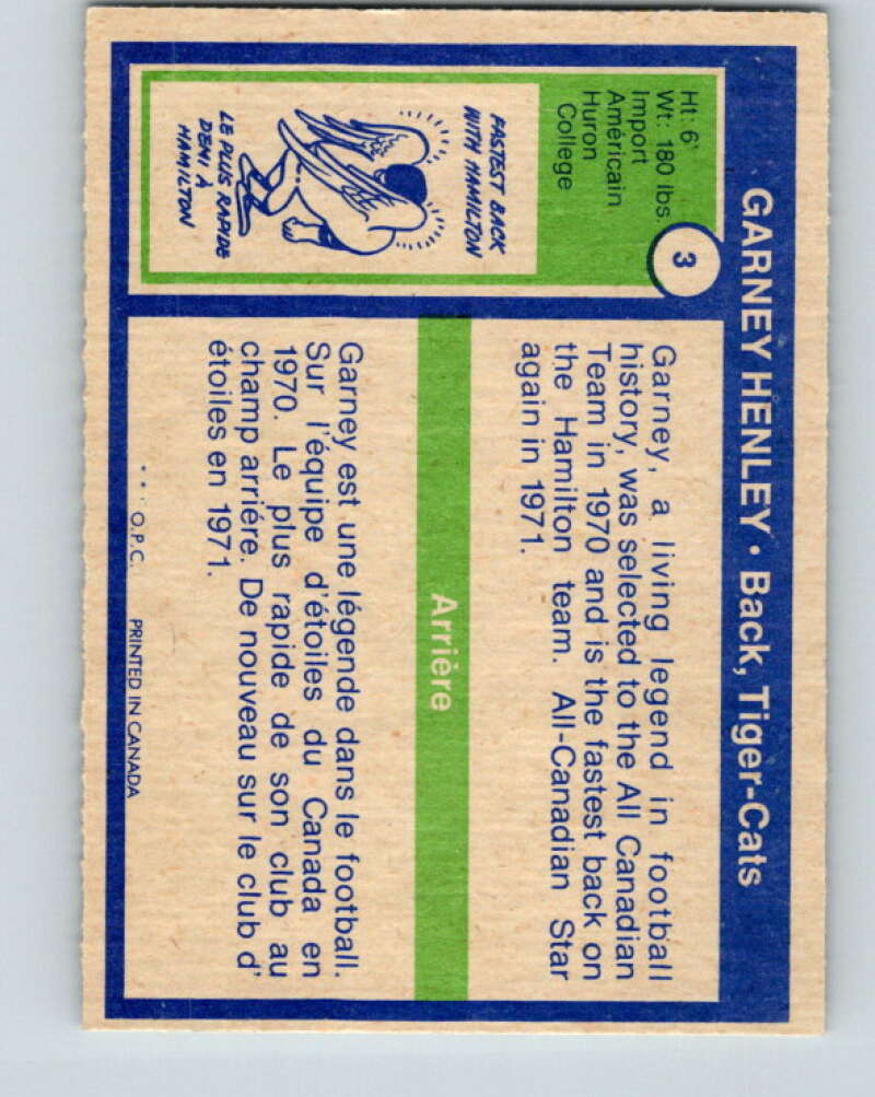 1972 O-Pee-Chee CFL Football #3 Garney Henley, Tiger-cats V33041