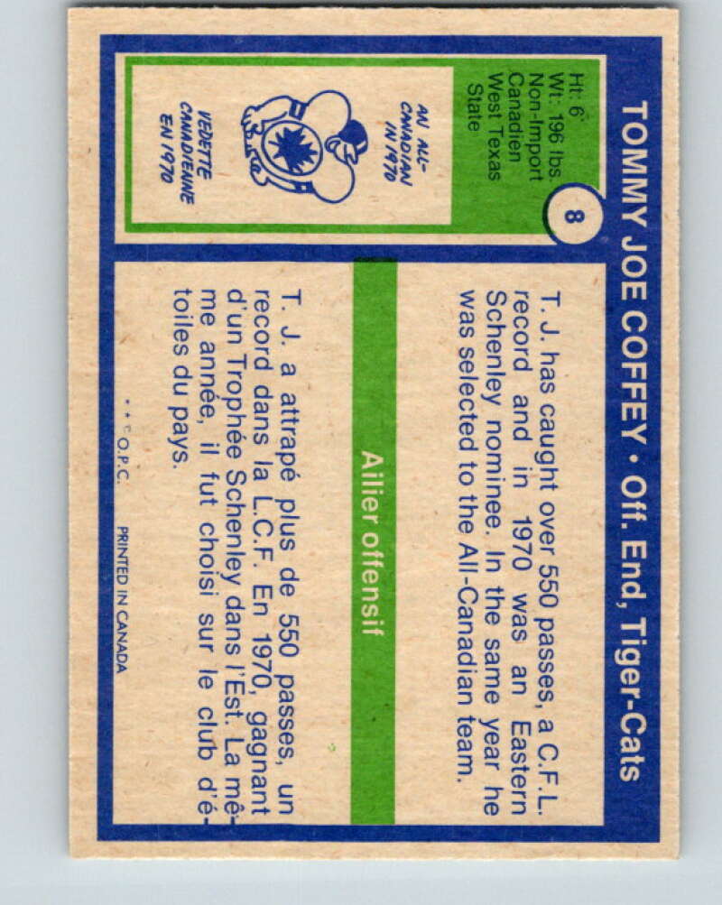 1972 O-Pee-Chee CFL Football #8 Tommy joe Coffey, Tiger-cats V33043