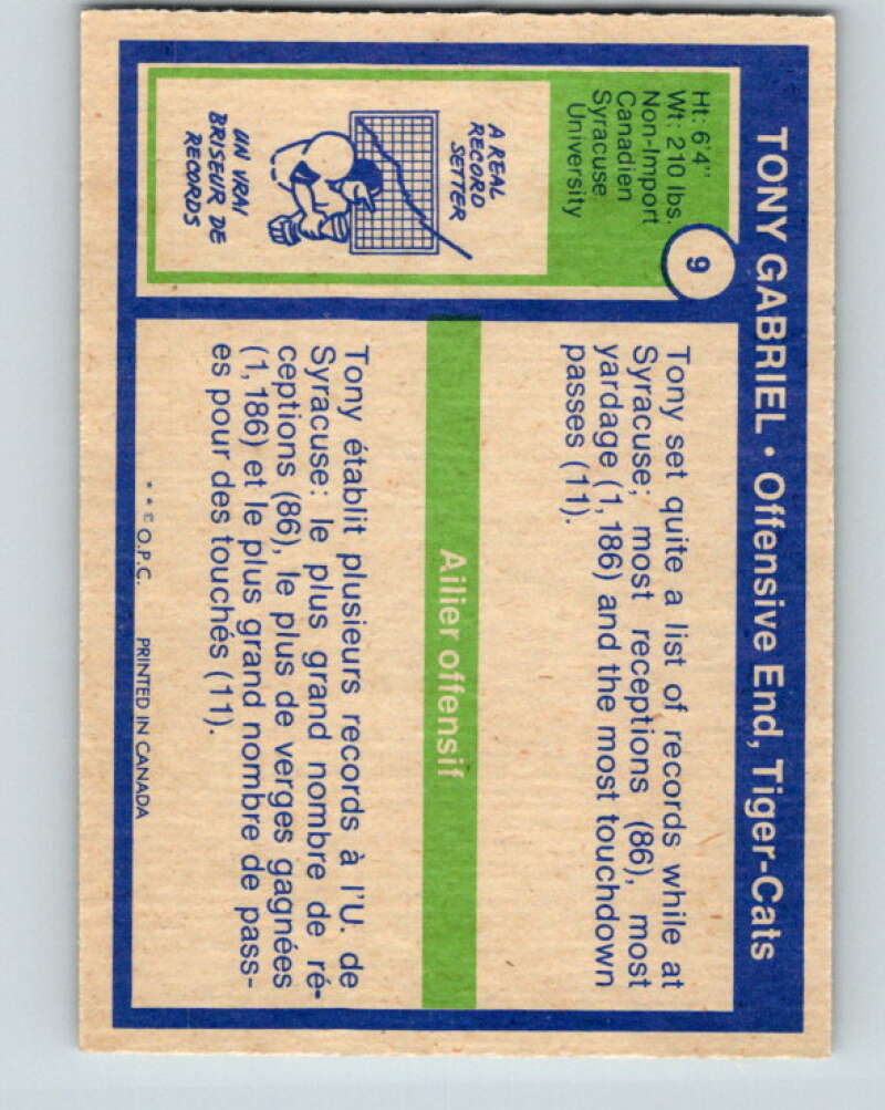 1972 O-Pee-Chee CFL Football #9 Tony Gabriel, Tiger-cats V33044