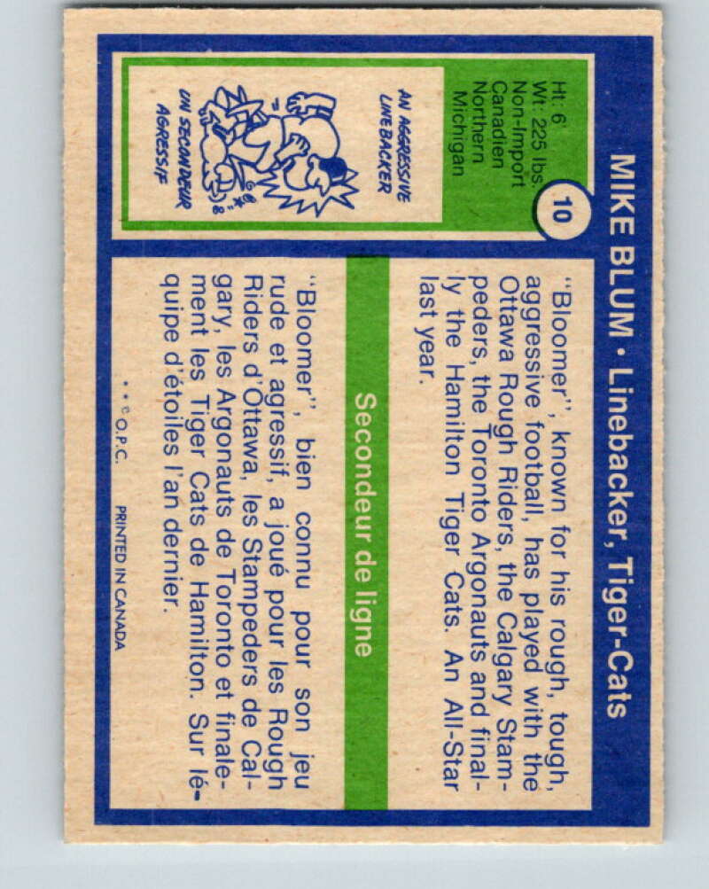 1972 O-Pee-Chee CFL Football #10 Mike Blum, Tiger-cats V33045
