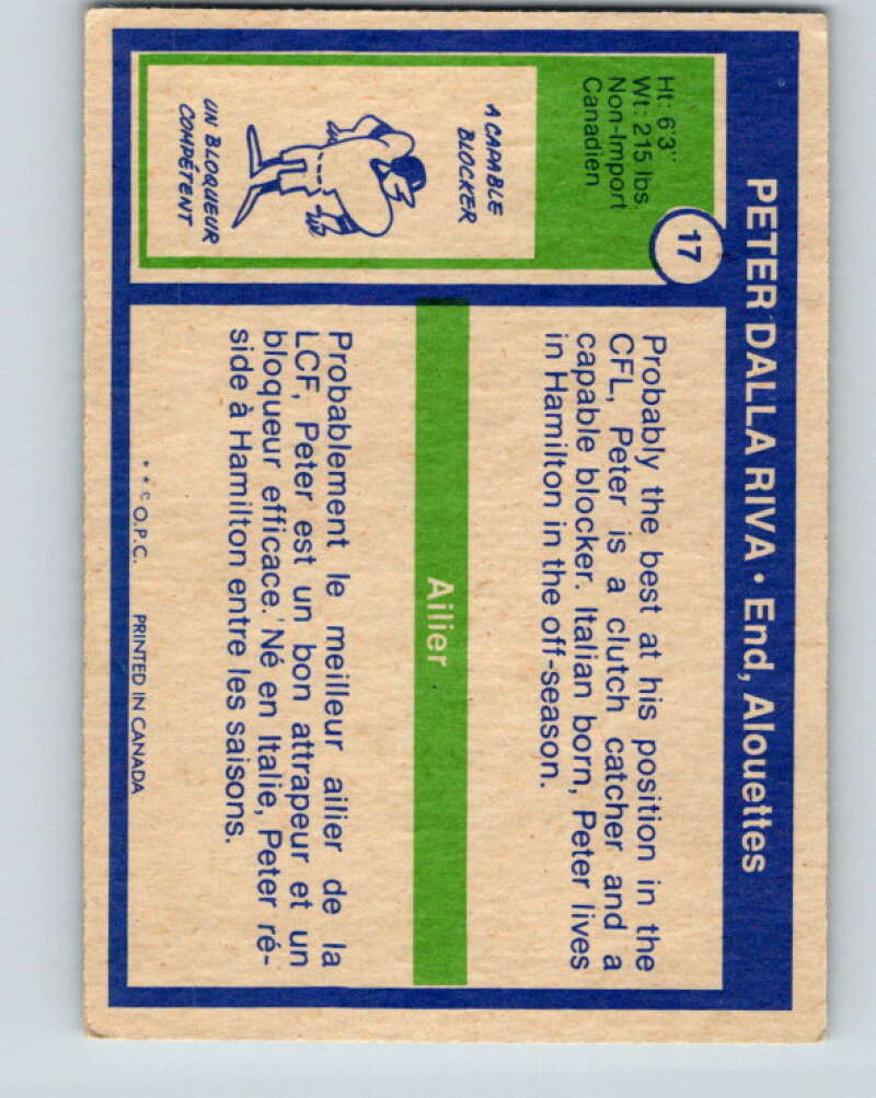 1972 O-Pee-Chee CFL Football #17 Peter Dalla Riva, Alouettes V33046
