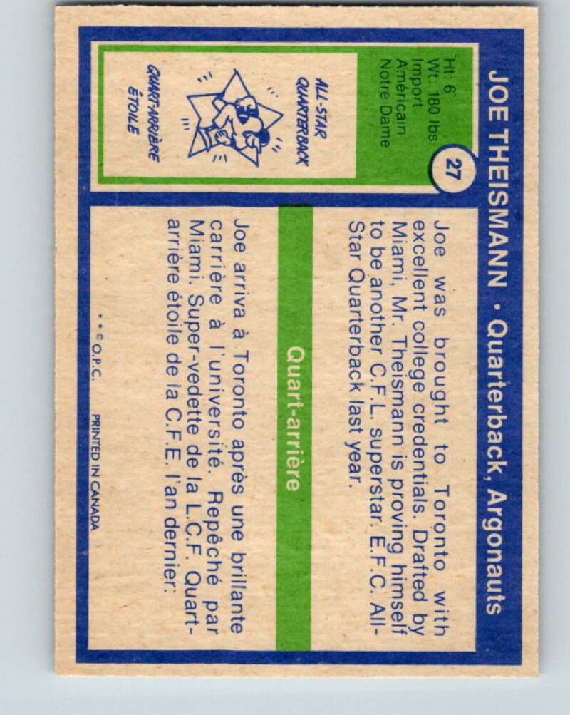 1972 O-Pee-Chee CFL Football #27 Joe Theismann, Argonauts V33048