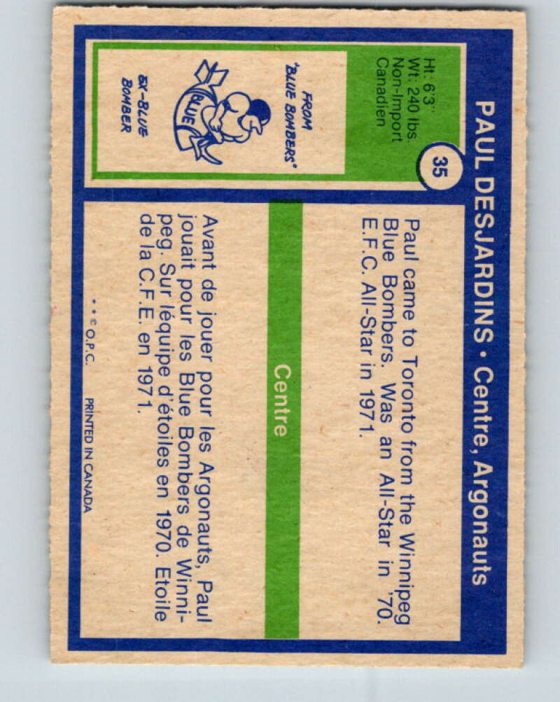 1972 O-Pee-Chee CFL Football #35 Paul Desjardins, Argonauts V33050