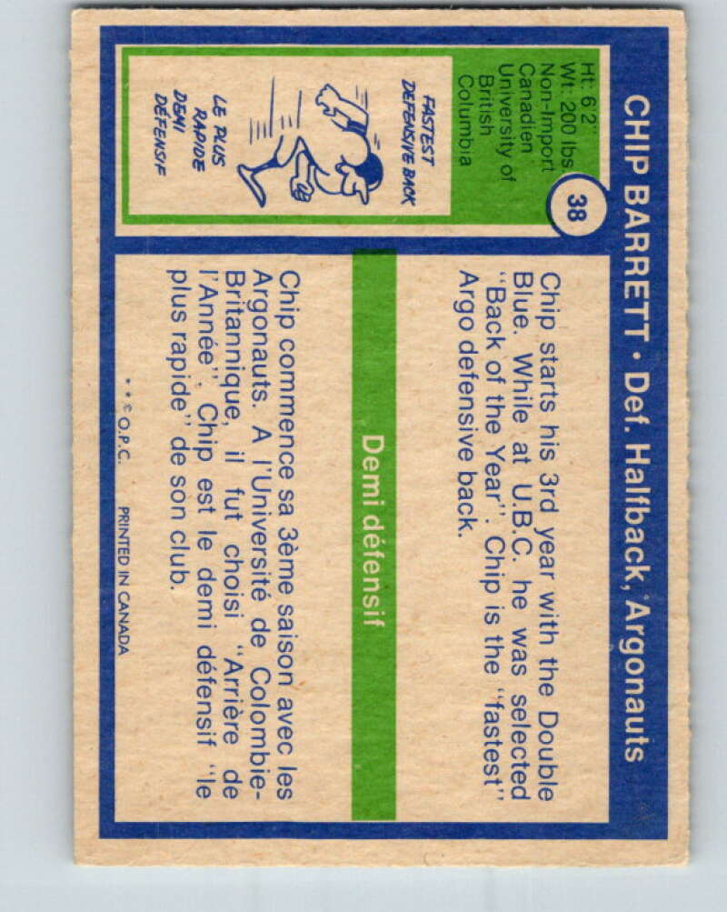 1972 O-Pee-Chee CFL Football #38 Chip Barrett, Argonauts V33052