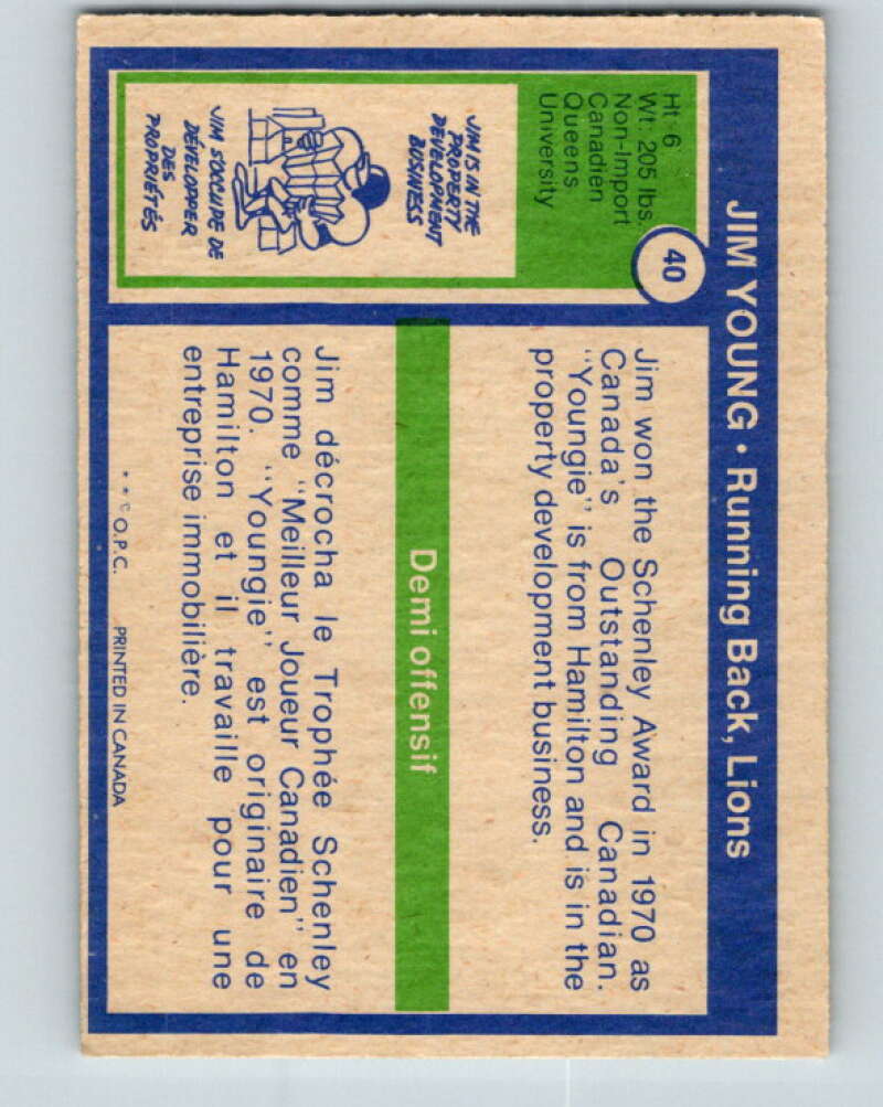 1972 O-Pee-Chee CFL Football #40 Jim Young, Lions V33053