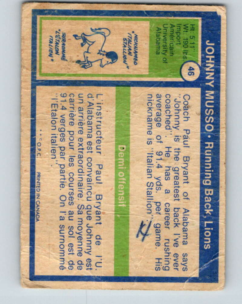 1972 O-Pee-Chee CFL Football #46 Johnny Musso, Lions V33055