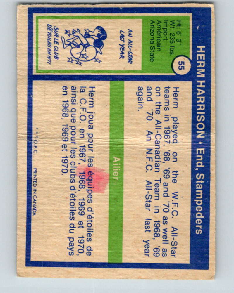 1972 O-Pee-Chee CFL Football #55 Herm Harrison, Stampeders V33057