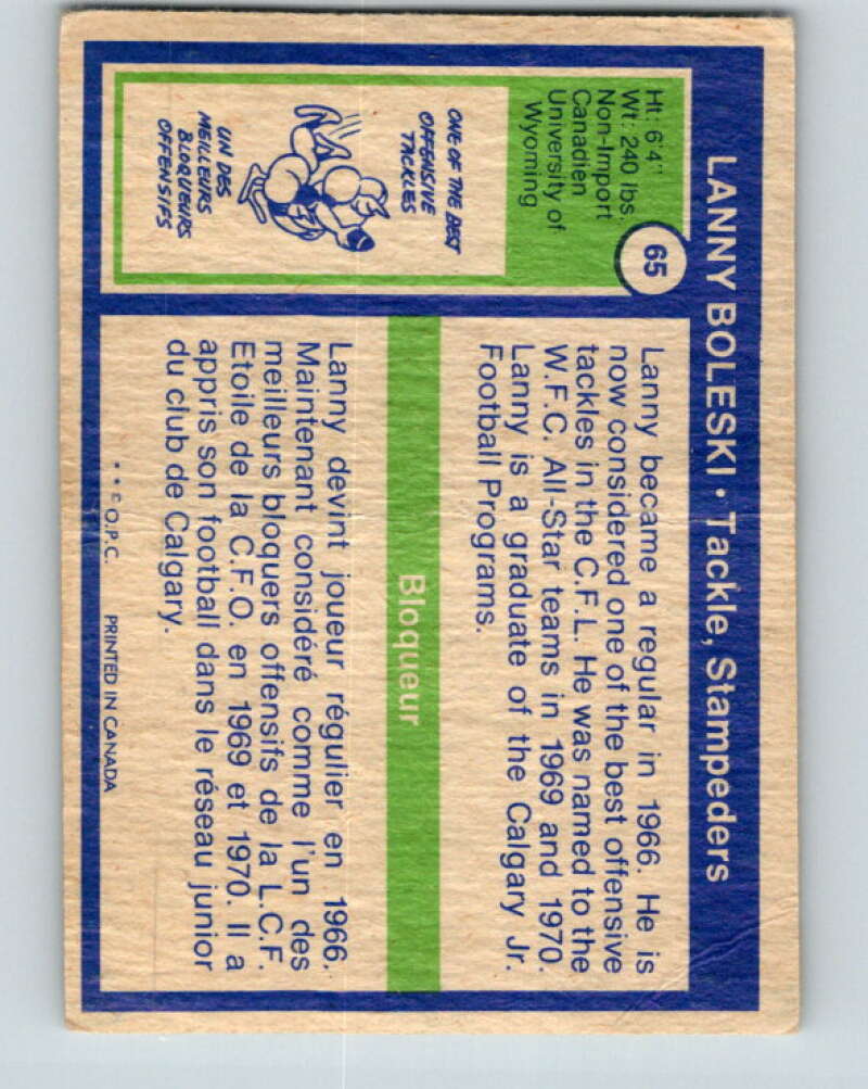 1972 O-Pee-Chee CFL Football #65 Lanny Boleski, Stampeders V33059
