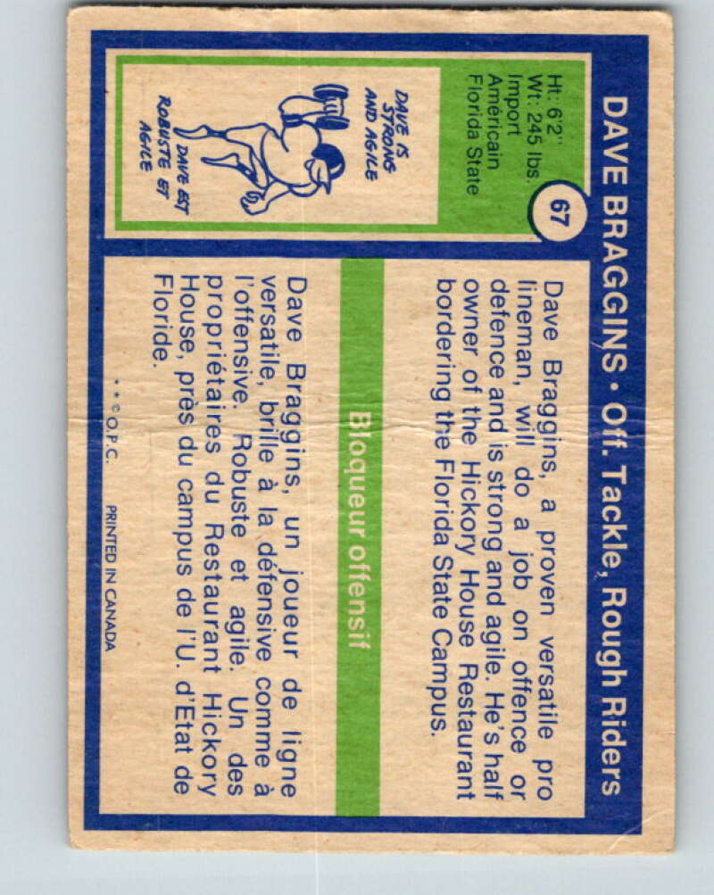 1972 O-Pee-Chee CFL Football #67 Dave Braggins, Rough Riders V33060