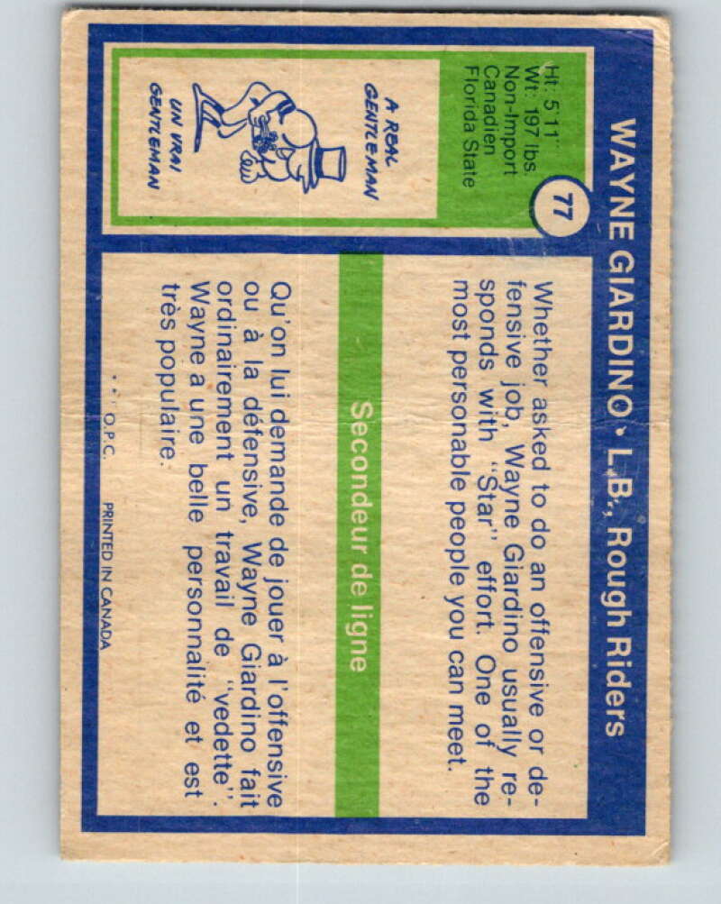 1972 O-Pee-Chee CFL Football #77 Wayne Giardino, Rough Riders V33061